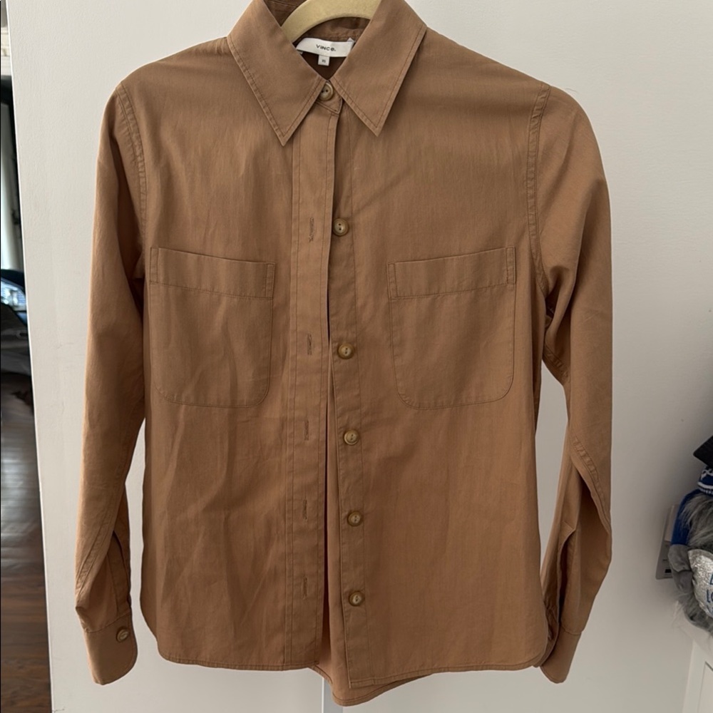 Vince Button-Front Shirt in Camel Brown